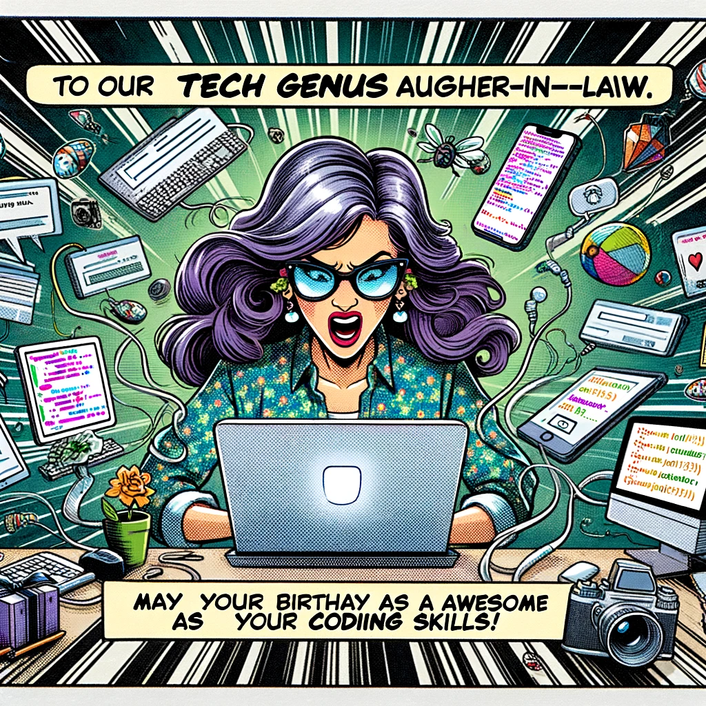 A comic-style drawing of a woman surrounded by gadgets and digital waves, typing furiously on a laptop. The caption reads, “To our Tech Genius Daughter-in-Law, may your birthday be as awesome as your coding skills!”
