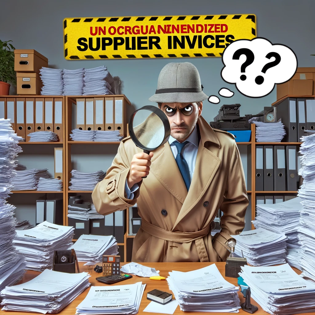 A detective-themed meme featuring a procurement professional dressed as a detective with a magnifying glass. They are in a room labeled "Unorganized Supplier Invoices," searching for clues. The scene is humorously chaotic, with invoices scattered everywhere and the detective looking perplexed and overwhelmed. The setting is an office, with filing cabinets, a desk cluttered with papers, and a large question mark hovering over the detective's head, symbolizing the mystery of the missing invoice.