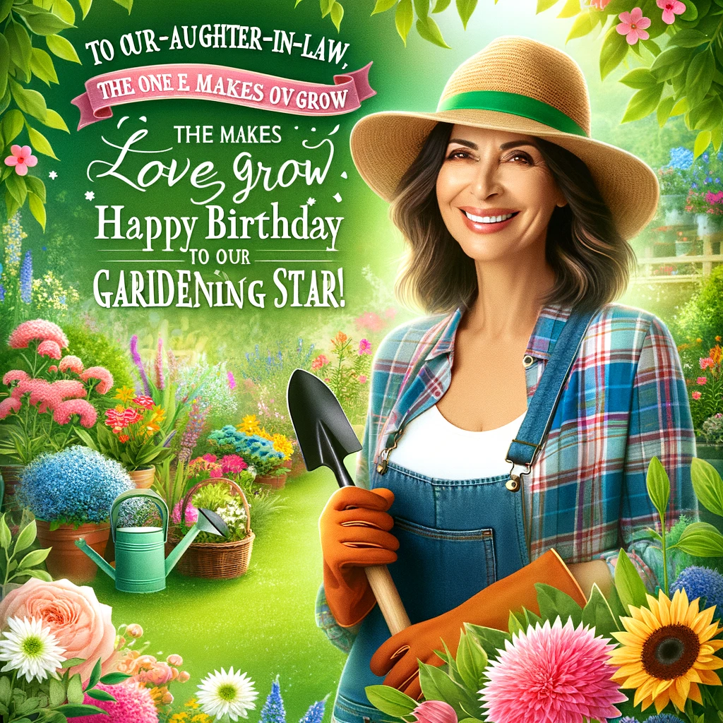 A cheerful woman in gardening attire surrounded by a lush garden. She is smiling and holding gardening tools. The garden is full of colorful flowers and plants. Above her, text reads, “To our Daughter-in-Law, the one who makes love grow. Happy Birthday to our Gardening Star!”