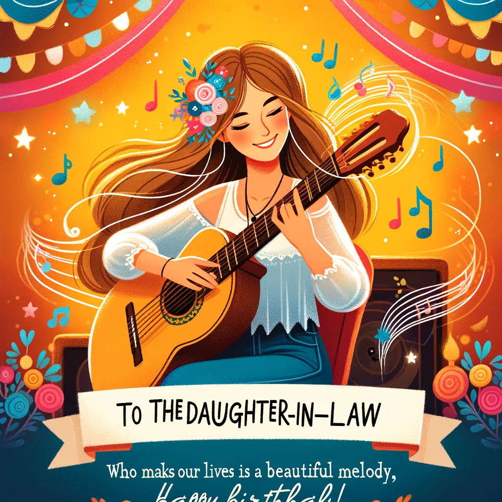 An illustration of a woman playing a guitar with musical notes floating around her. She is smiling and focused on her guitar. The scene is festive and cheerful, conveying a sense of celebration and joy. In the background, there's a colorful banner with the words, “To the Daughter-in-Law who makes our lives a beautiful melody, Happy Musical Birthday!” The colors are warm and vibrant, creating a welcoming and happy atmosphere.