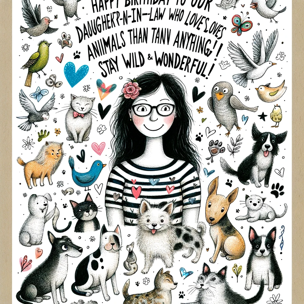A whimsical drawing of a woman surrounded by cartoon versions of various animals – dogs, cats, birds, etc. Caption: “Happy Birthday to our Daughter-in-Law who loves animals more than anything! Stay wild and wonderful!”