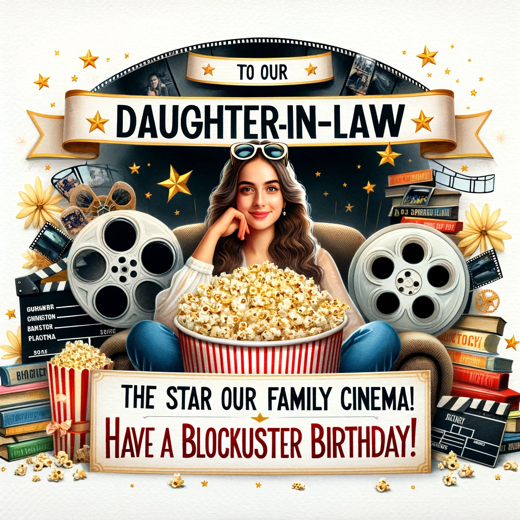 An image of a woman sitting with a huge bucket of popcorn, surrounded by film reels and movie posters. Text says, “To our Daughter-in-Law, the Star of our Family Cinema! Have a Blockbuster Birthday!”