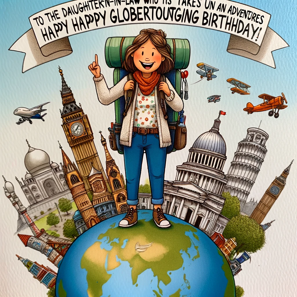 A comical depiction of a woman with a backpack standing atop a globe, with famous landmarks in the background. Caption reads, “To the Daughter-in-Law who takes us on adventures around the world, Happy Globetrotting Birthday!”