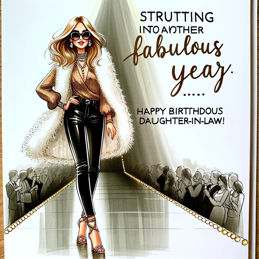 A chic drawing of a woman in a stylish outfit, standing on a runway. The caption: “Strutting into another fabulous year. Happy Birthday to our Glamorous Daughter-in-Law!”