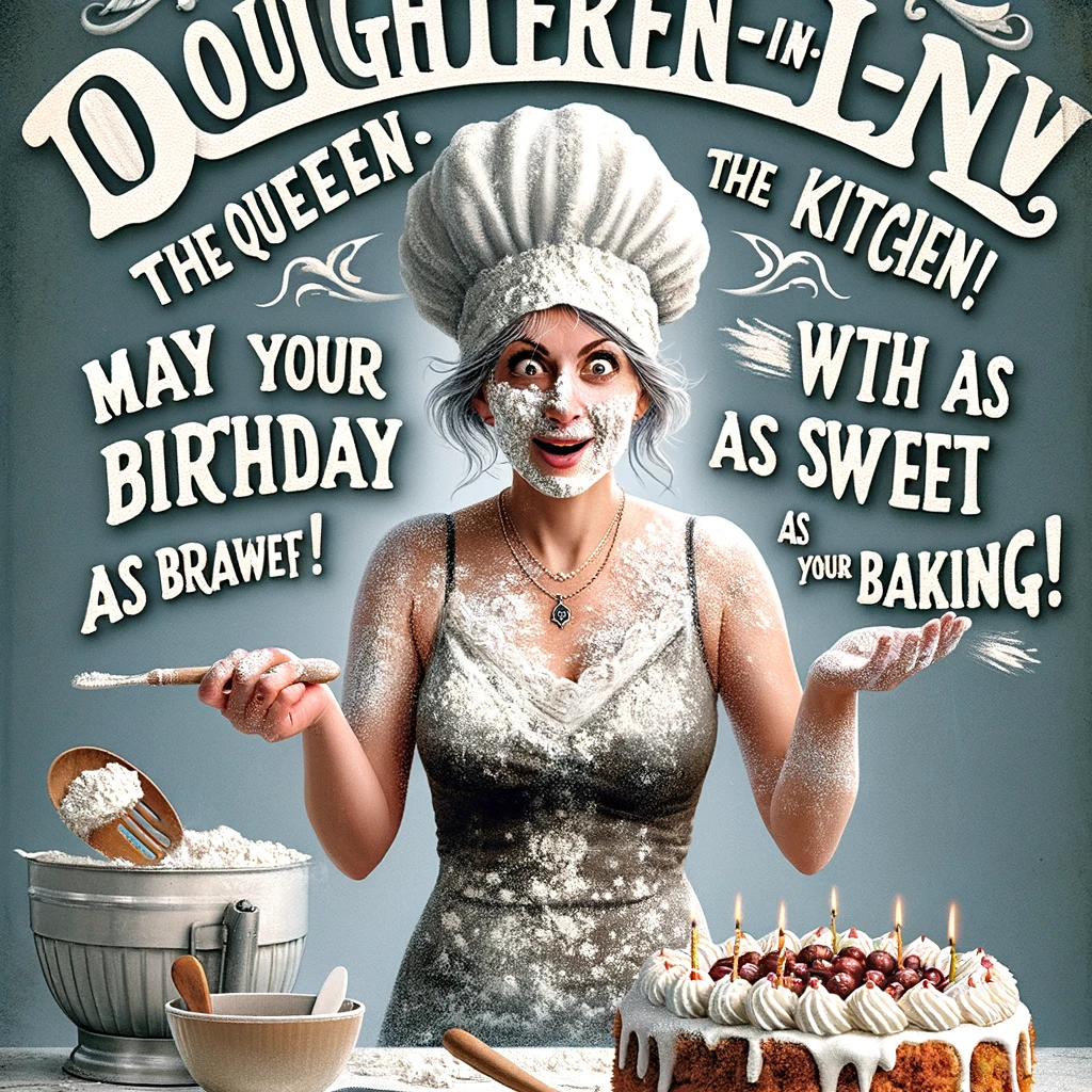 A humorous image of a woman covered in flour, holding a delicious-looking cake. The text: “To our Daughter-in-Law, the Queen of the Kitchen! May your birthday be as sweet as your baking!”