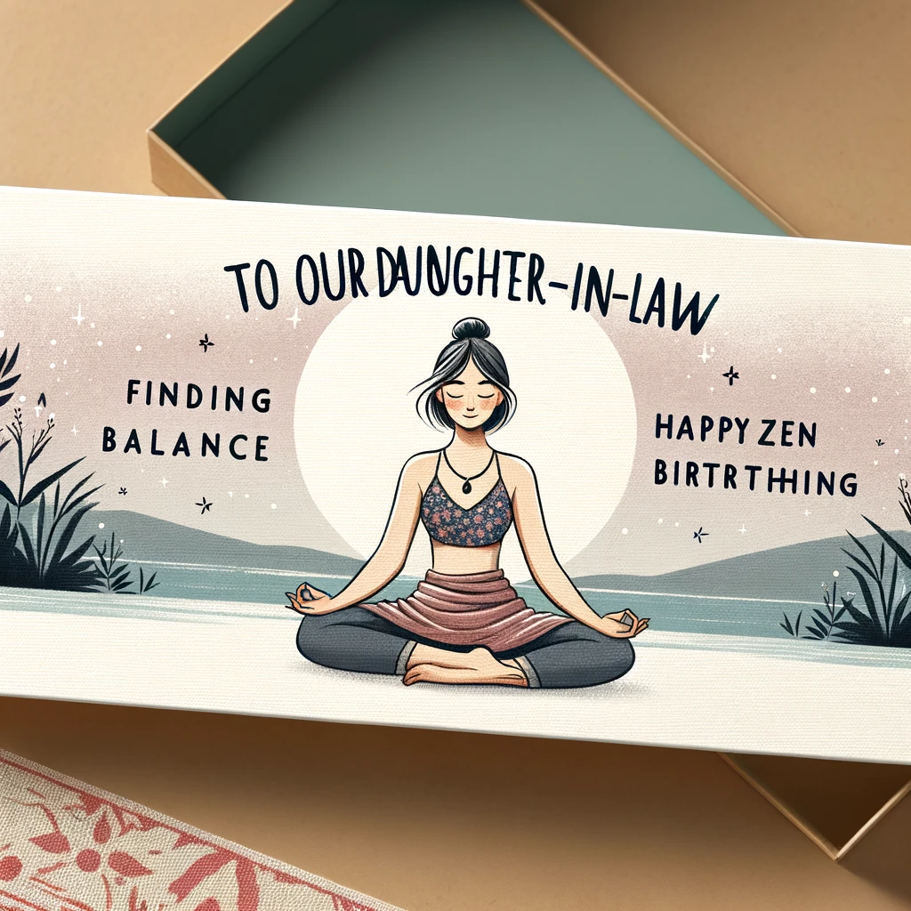 An illustration of a woman in a peaceful yoga pose, with a serene background. The banner reads, “To our Daughter-in-Law, finding balance in everything. Happy Zen Birthday!”