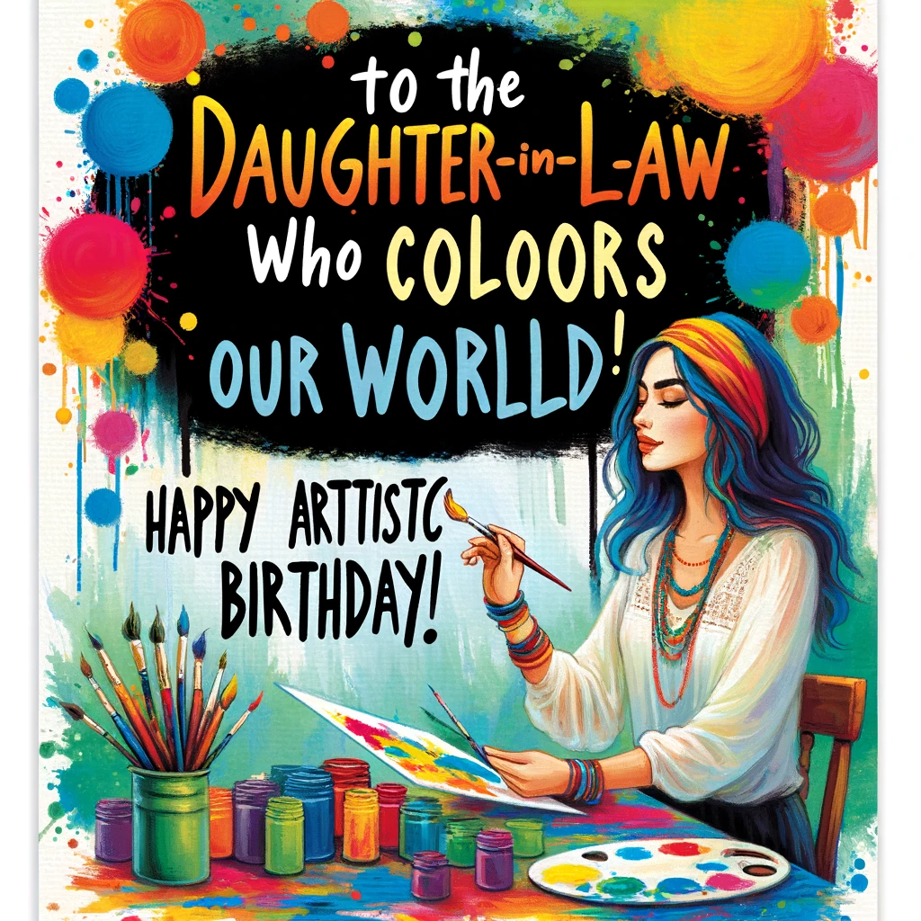 A colorful depiction of a woman painting, with splashes of paint around her. Text says, “To the Daughter-in-Law who colors our world, Happy Artistic Birthday!”