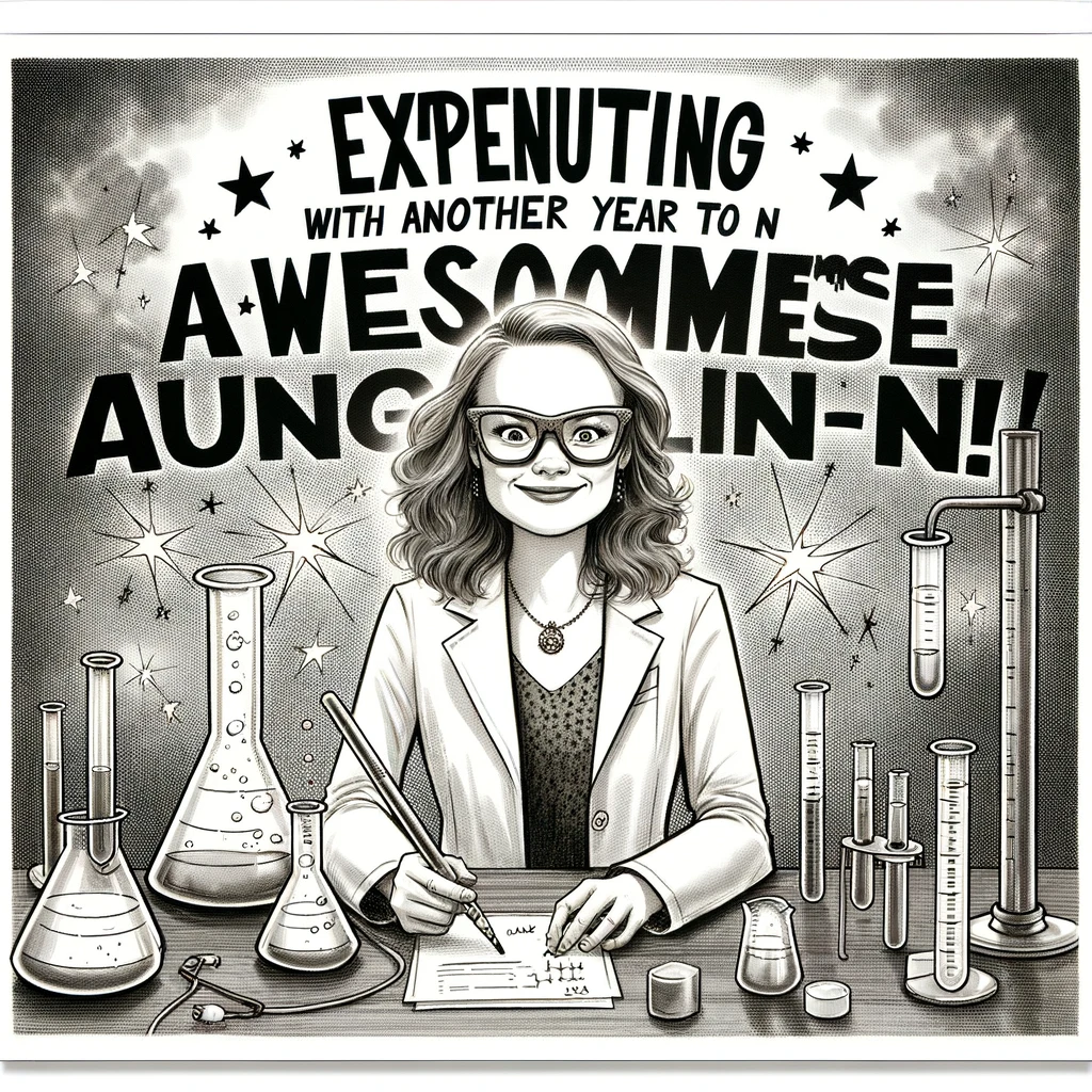 A comical drawing of a woman in a lab coat, surrounded by beakers and test tubes. The caption: “Experimenting with another year of awesomeness. Happy Birthday to our Science Star Daughter-in-Law!”