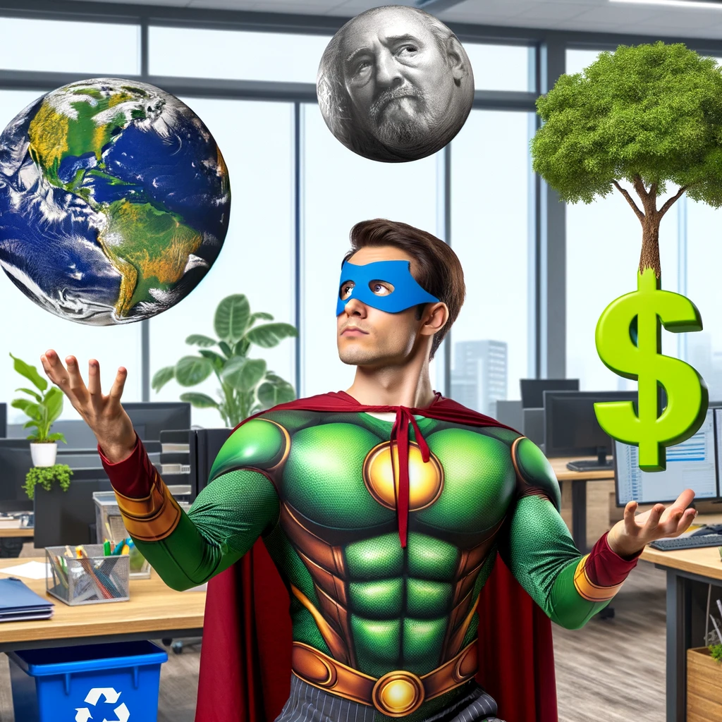 A meme depicting a procurement professional dressed as a superhero, juggling three items: planet Earth, a tree, and a dollar sign. This scene symbolizes the balance between sustainability and cost in procurement. The professional is in a heroic pose, in the middle of an office setting, with a determined expression as they skillfully juggle these items. The background shows a typical office environment but with elements indicating eco-friendliness, like recycling bins and green plants, to emphasize the theme of sustainability.