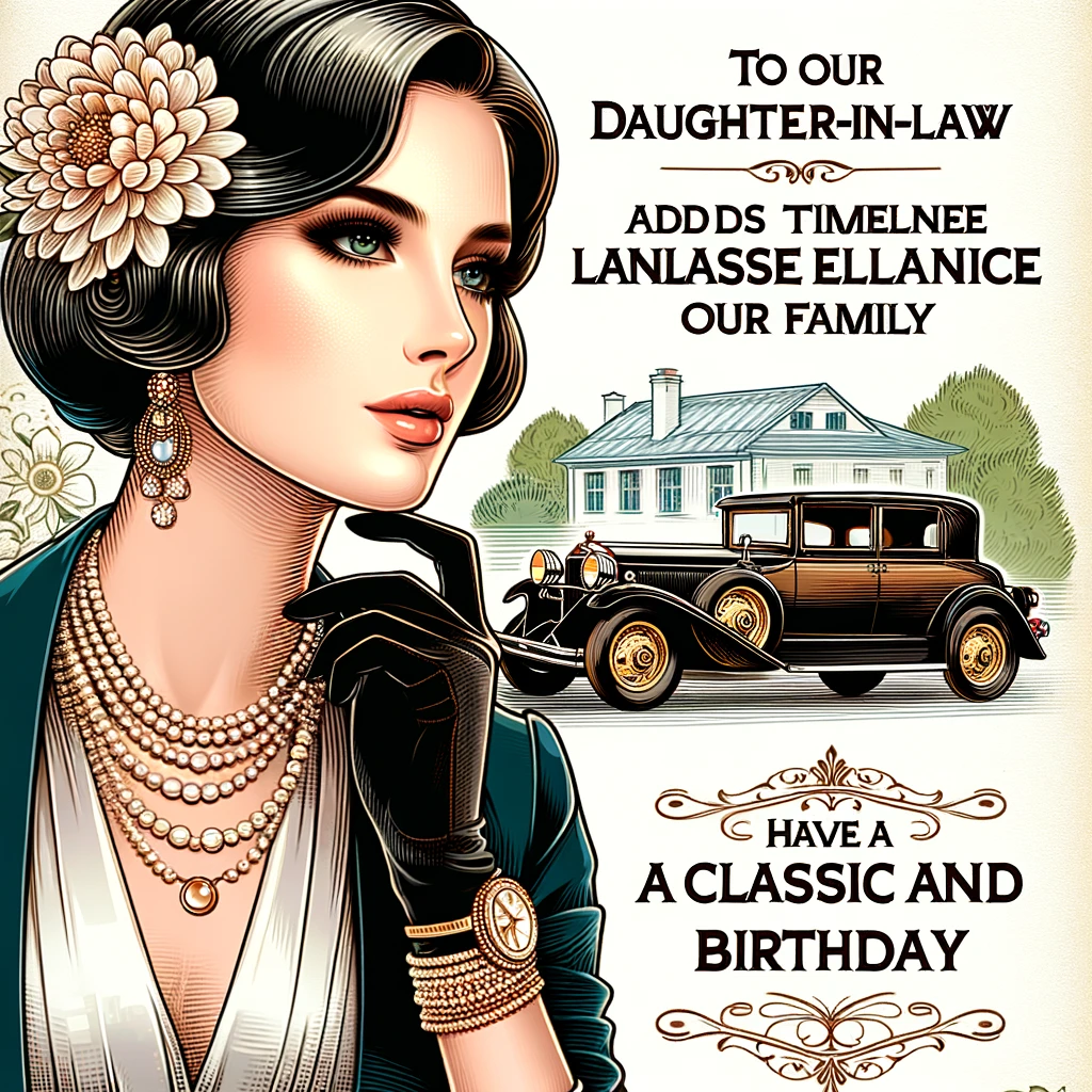 An image of a woman dressed in elegant vintage fashion, with a classic car in the background. The text: “To our Daughter-in-Law, who adds timeless elegance to our family. Have a Classic and Stylish Birthday!”