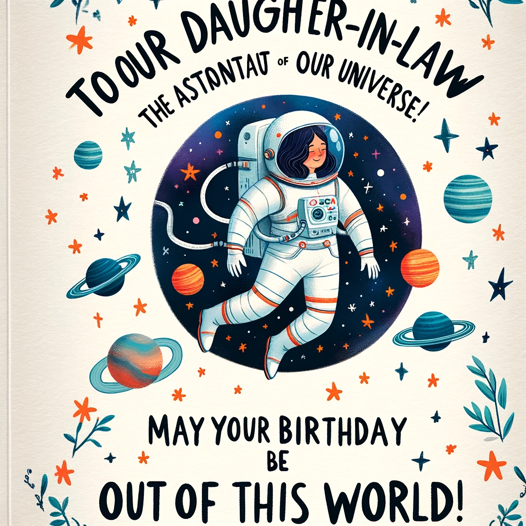 An illustration of a woman in a spacesuit floating in space, surrounded by stars and planets. The caption reads, “To our Daughter-in-Law, the Astronaut of our Universe! May your birthday be out of this world!”