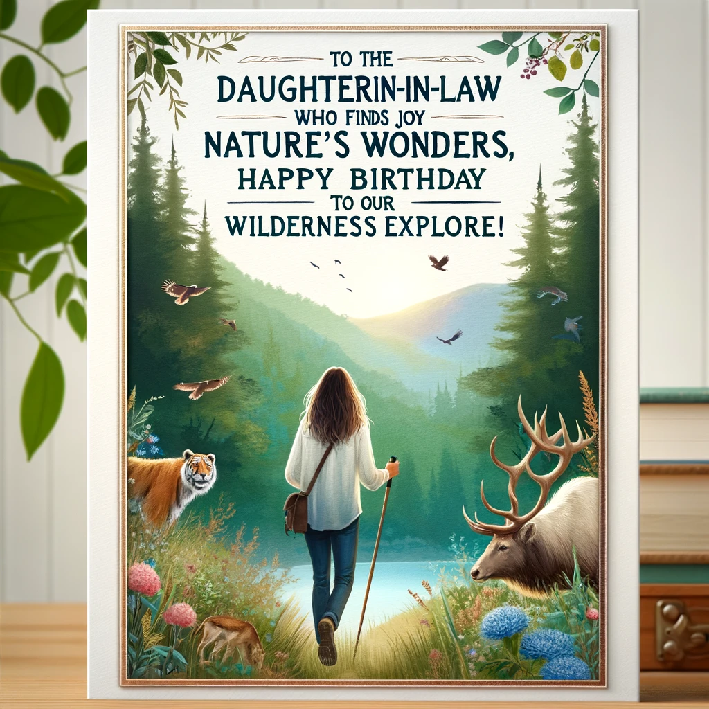 A serene image of a woman hiking in a beautiful forest, with wildlife around her. Text says, “To the Daughter-in-Law who finds joy in nature's wonders, Happy Birthday to our Wilderness Explorer!”