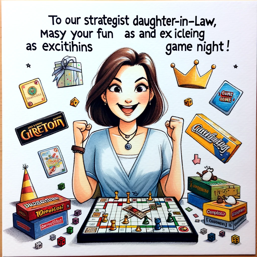 A playful drawing of a woman surrounded by popular board games, looking victorious. The caption: “To our Strategist Daughter-in-Law, May your birthday be as fun and exciting as game night!”