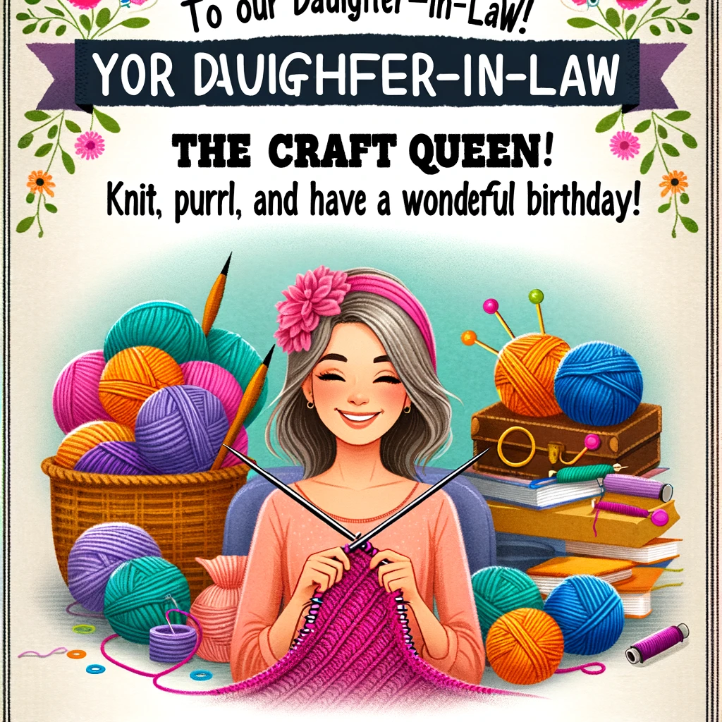 An image of a woman happily knitting, surrounded by colorful yarn and craft supplies. The text reads, “To our Daughter-in-Law, the Craft Queen! Knit, purl, and have a wonderful birthday!”