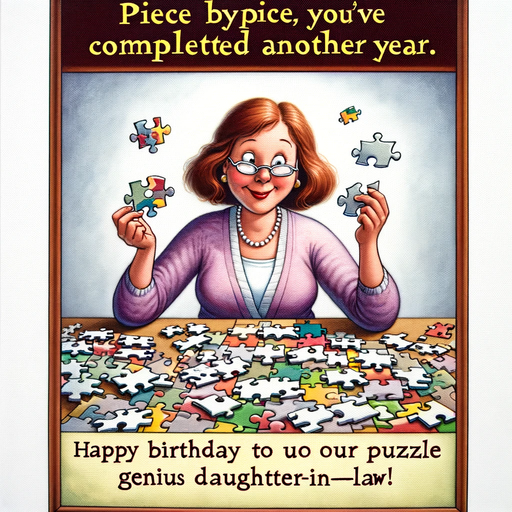 A humorous depiction of a woman solving a giant jigsaw puzzle. Caption: “Piece by piece, you've completed another year. Happy Birthday to our Puzzle Genius Daughter-in-Law!”