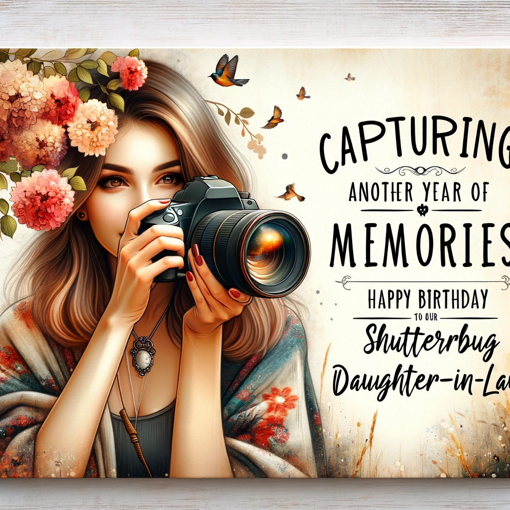 An artistic image of a woman with a camera, capturing beautiful moments. The banner says, “Capturing another year of memories. Happy Birthday to our Shutterbug Daughter-in-Law!”