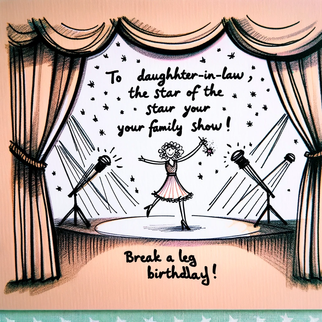 A whimsical drawing of a woman on a stage with theater curtains and spotlights. The caption: “To our Daughter-in-Law, the Star of our Family Show! Break a leg on your Birthday!”