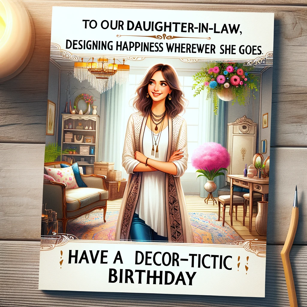 An image of a woman in a beautifully decorated room, with a flair for interior design. Text says, “To our Daughter-in-Law, designing happiness wherever she goes. Have a Decor-tastic Birthday!”
