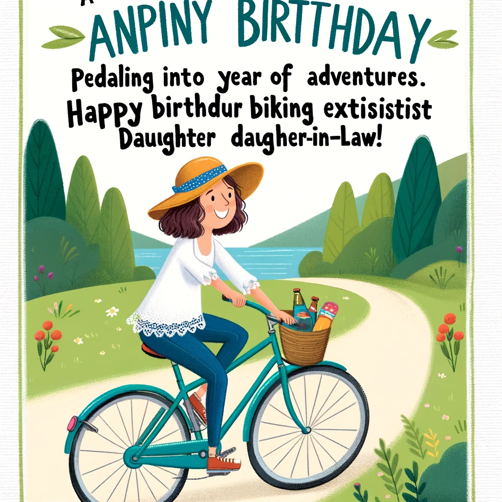 A playful illustration of a woman on a bicycle, riding through a scenic route. The caption reads, “Pedaling into another year of adventures. Happy Birthday to our Biking Enthusiast Daughter-in-Law!”