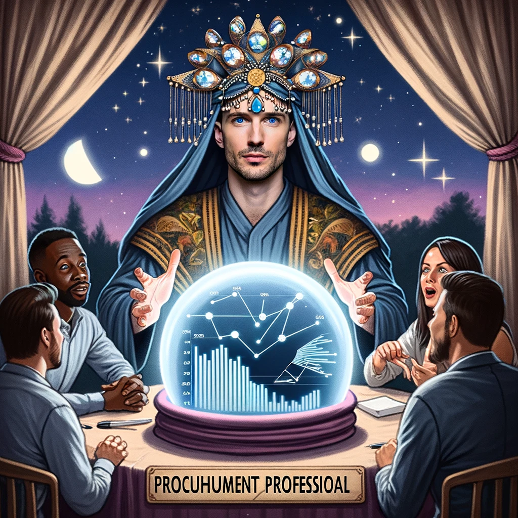 A meme showcasing a procurement professional dressed as a fortune teller, sitting in a mystical tent. They gaze into a crystal ball filled with graphs and charts, while colleagues surround them, eagerly awaiting predictions. The scene is magical and humorous, with the procurement professional wearing a fortune teller's costume, complete with a headscarf and large, mystical earrings. The tent is adorned with stars and moons, and the colleagues are depicted with expressions of anticipation and awe.