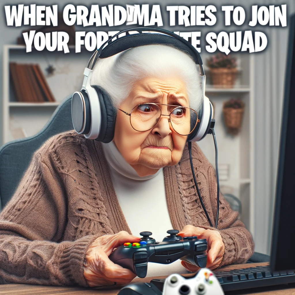 A grandma sitting at a computer, wearing gaming headphones and holding a gaming controller, looking confused as she tries to play a video game. The scene is humorous, capturing the juxtaposition of a grandmother in a gaming environment. The text reads: "When Grandma tries to join your Fortnite squad."