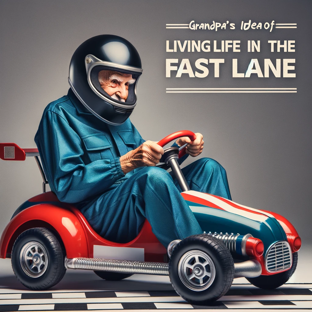 An elderly grandpa in a racing outfit, sitting in a small, child-sized toy car, wearing a helmet, ready to race. The scene is comical, emphasizing the contrast between the grandpa's age and the playful, child-like setting of the toy car. The text reads: "Grandpa's idea of living life in the fast lane."