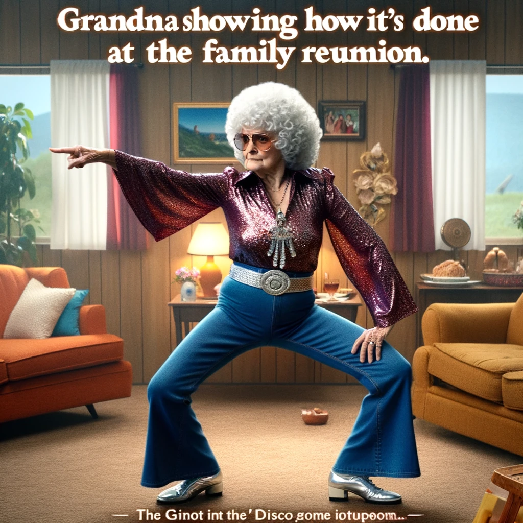A grandma in a disco outfit, striking a dance pose like John Travolta in 'Saturday Night Fever,' in a living room setting. The scene is lively and humorous, showcasing the grandma's enthusiasm and energy. The text reads: "Grandma showing how it's done at the family reunion."