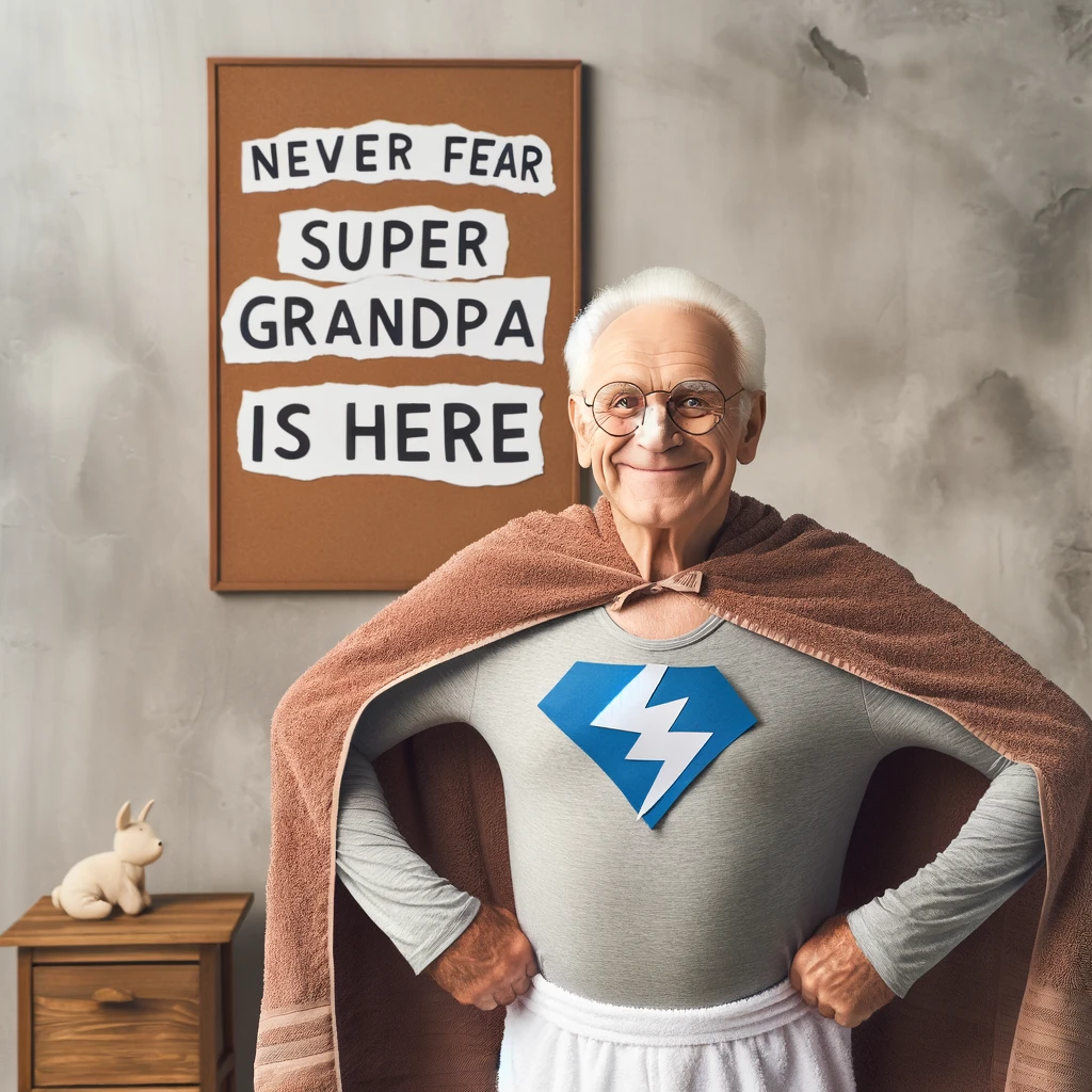 A grandpa dressed in a makeshift superhero costume with a towel cape, standing heroically with his hands on his hips. The scene is endearing and humorous, showing the grandpa in a playful and imaginative role. The text reads: "Never fear, Super Grandpa is here!"