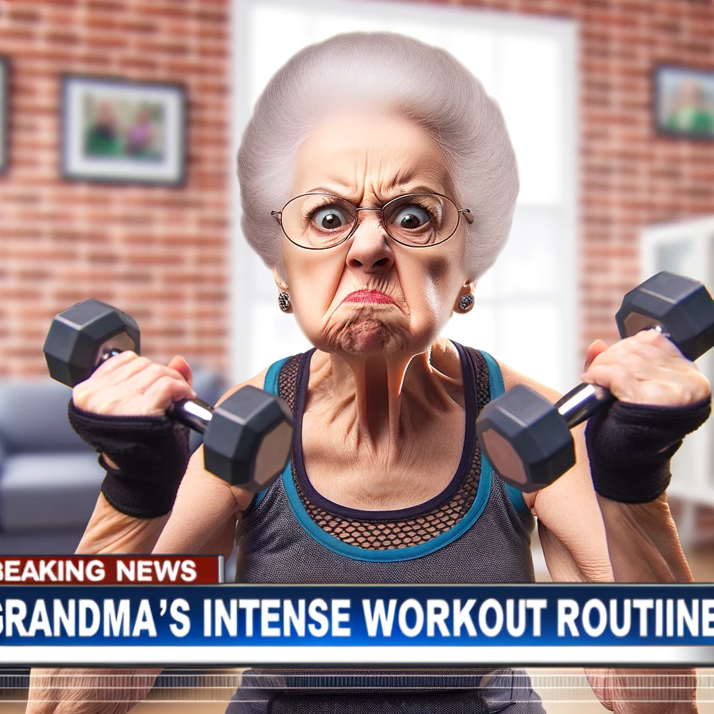 A grandma in workout gear, lifting a tiny dumbbell with an overly serious expression, as if she's lifting a very heavy weight. The scene is comical, portraying the grandma in an exaggerated fitness setting. The text reads: "Grandma's intense workout routine."