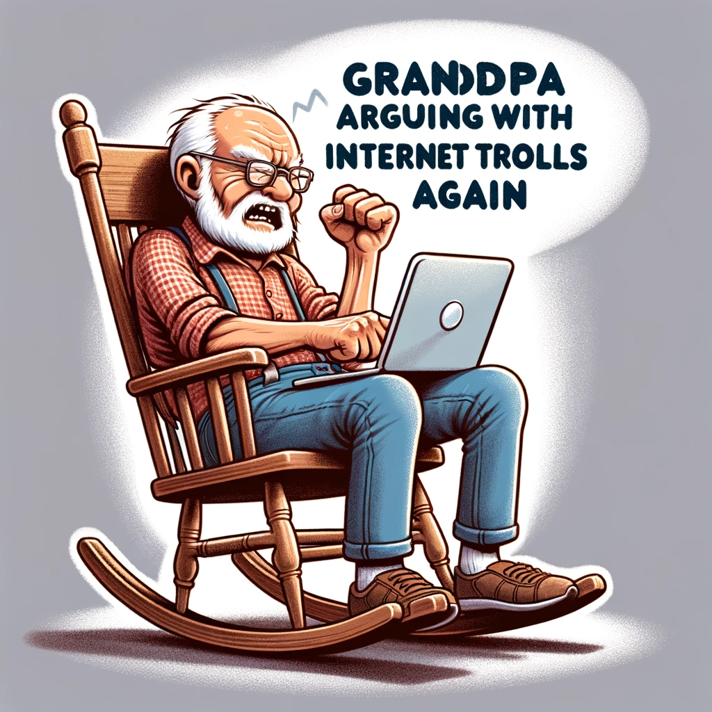 A grandpa sitting in a rocking chair, shaking his fist at a laptop on his lap. The scene humorously captures the grandpa's grumpy demeanor as he interacts with technology. The text reads: "Grandpa arguing with internet trolls again."