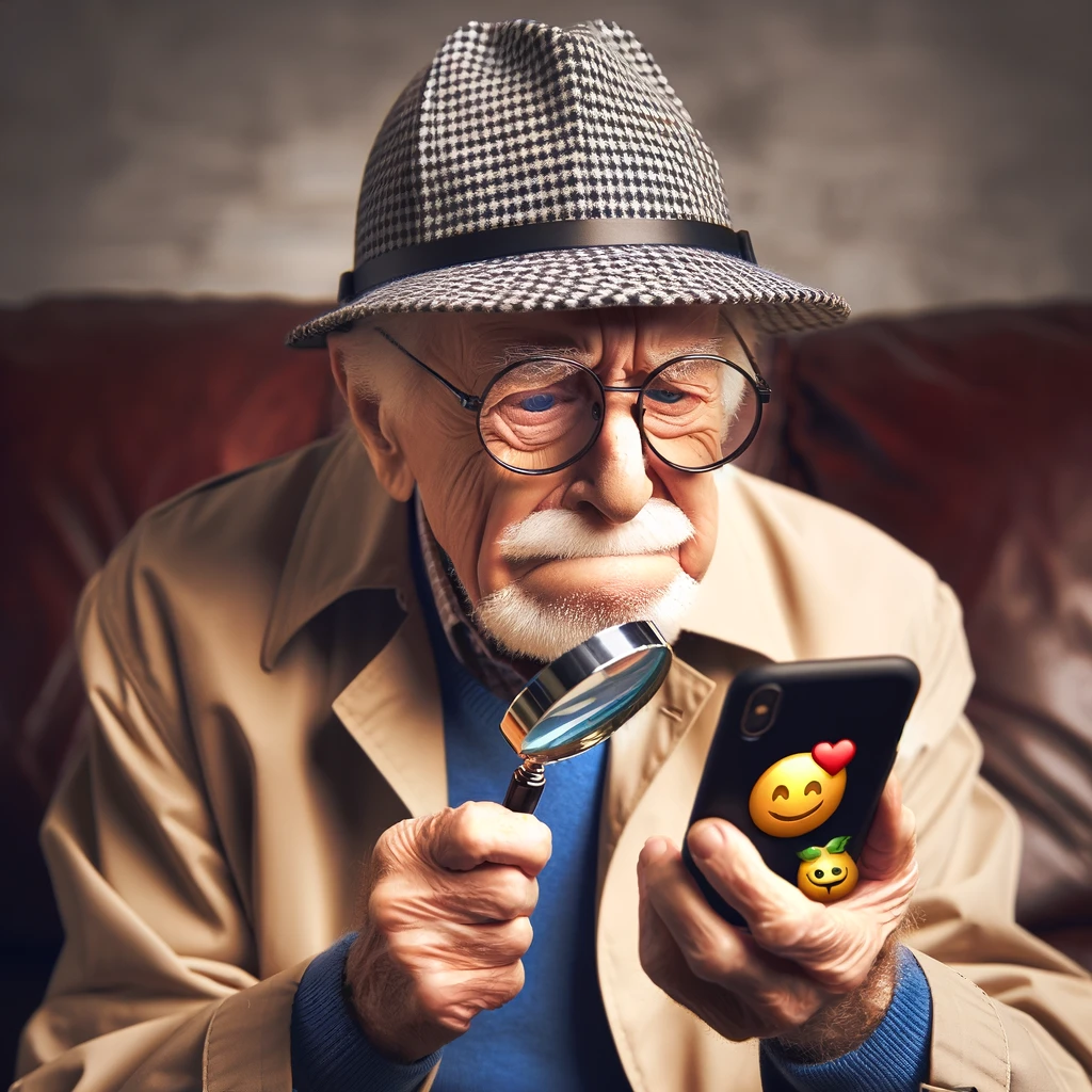 A grandpa wearing a detective hat and holding a magnifying glass, looking at a smartphone with a puzzled expression. The scene humorously portrays the grandpa as a detective trying to decipher the modern world of technology. The text reads: "Grandpa trying to decipher emojis."