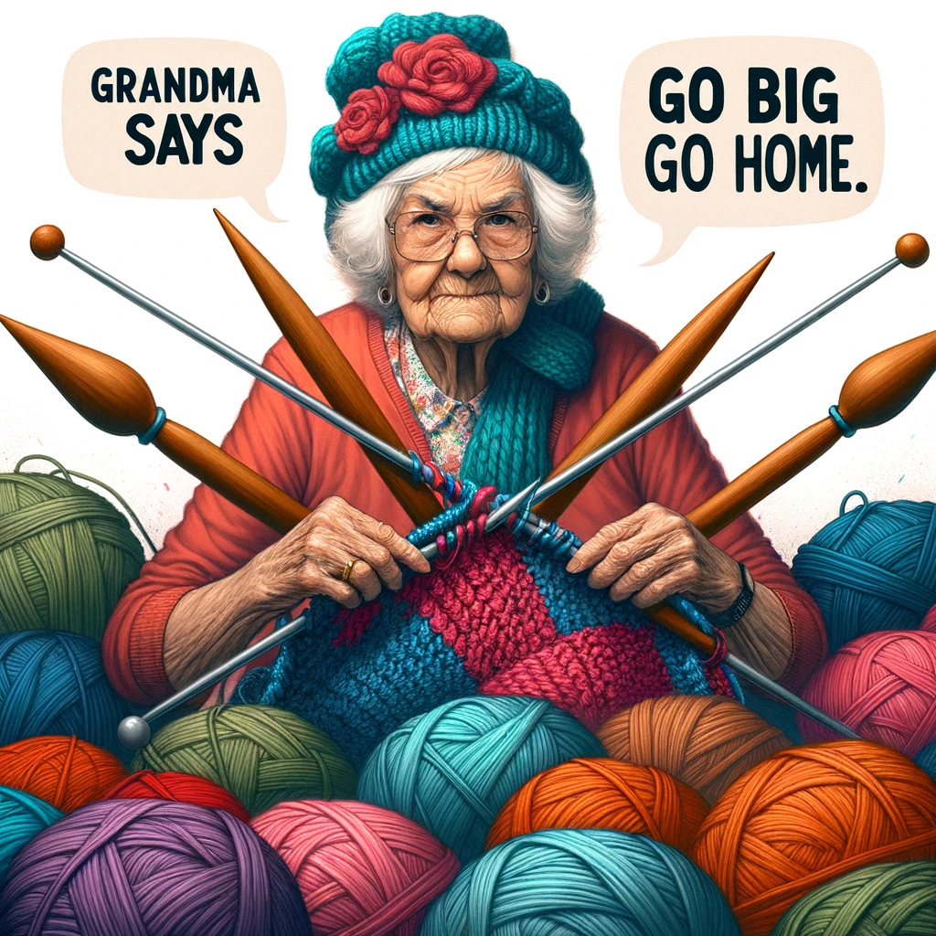 Extreme Knitting Grandma: An elderly woman with a determined expression, surrounded by a massive pile of colorful yarn. She's using enormous knitting needles, with a humorous text overlay saying, "Grandma says go big or go home."