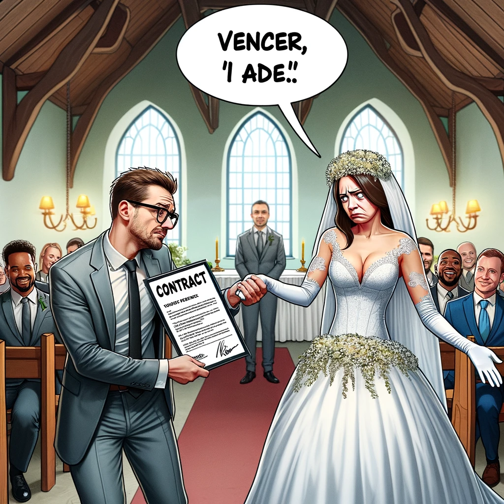 A humorous meme depicting a procurement professional in a wedding scene, reluctantly saying "I do" to a vendor dressed in a bridal gown, holding a contract. The scene is set in a wedding chapel, with guests in the background symbolizing different stakeholders. The procurement professional looks hesitant and unsure, while the vendor in the bridal gown appears overly enthusiastic. The contract is prominently displayed, and the overall atmosphere is a mix of humor and the seriousness of contract renewals in procurement.