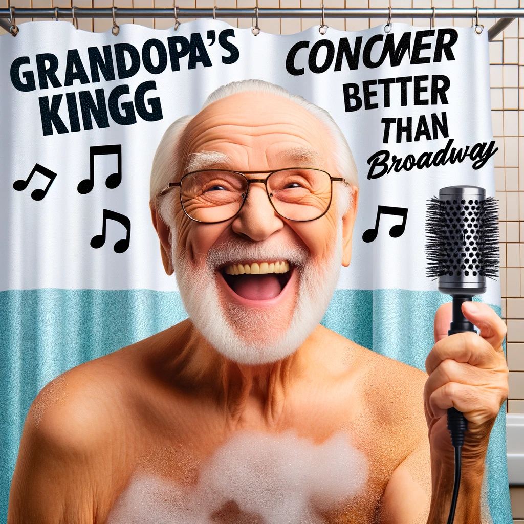 Karaoke King Grandpa: A cheerful elderly man holding a microphone, energetically singing into a hairbrush in front of a shower curtain. A playful text overlay says, "Grandpa's shower concerts - better than Broadway."