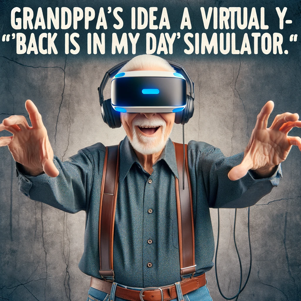 Gamer Grandpa: An elderly man wearing a virtual reality headset, arms outstretched as if in an action game. The humorous text overlay reads, "Grandpa's idea of a virtual reality - 'Back in my day' simulator."
