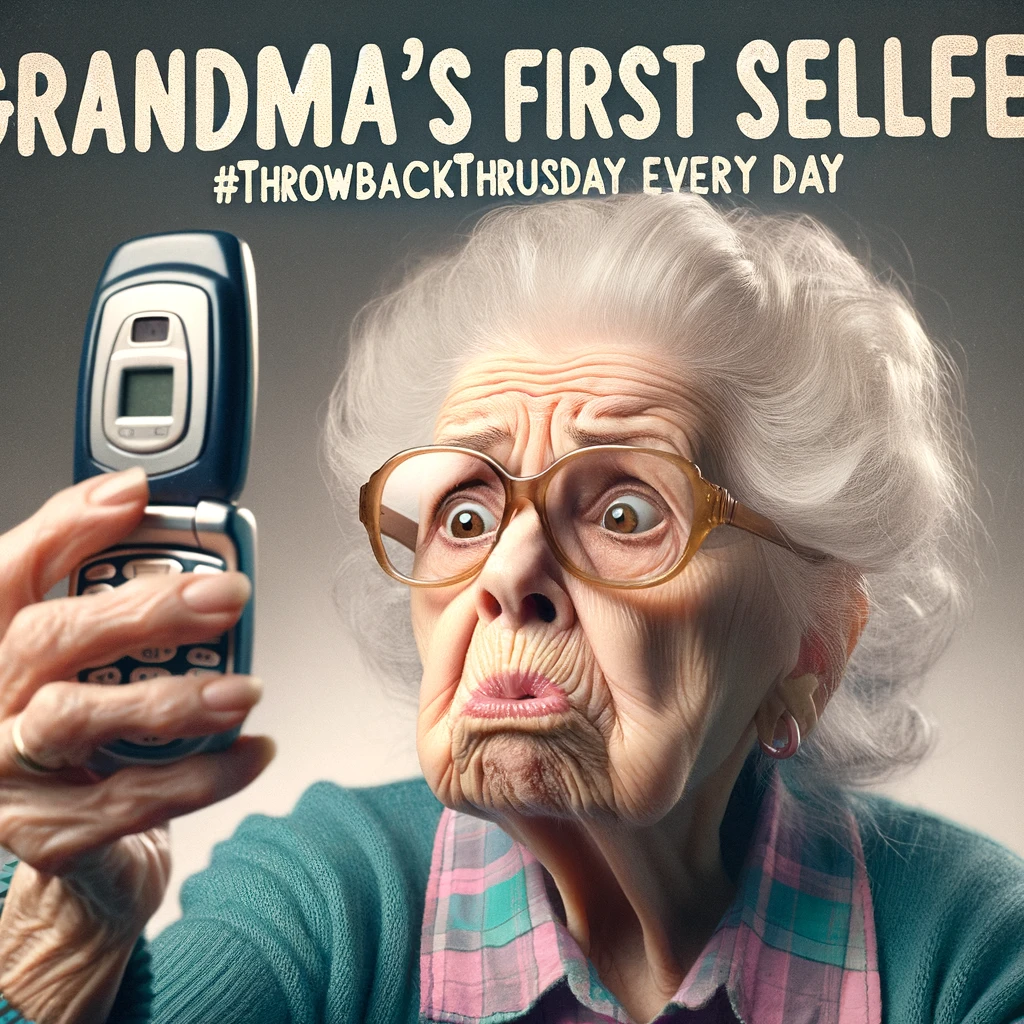 Selfie Queen Grandma: A puzzled elderly woman trying to take a selfie with a flip phone. The text overlay humorously states, "Grandma's first selfie - #ThrowbackThursday every day."