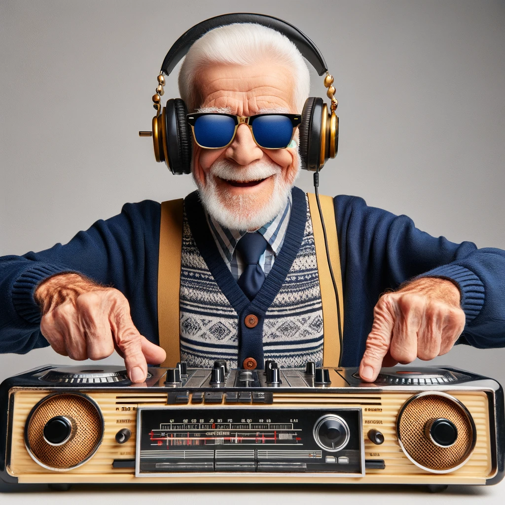 DJ Grandpa: A cool elderly man with headphones around his neck, pretending to DJ with two vintage radios. A fun text overlay says, "DJ Grandpa dropping the hottest tracks from the 50s."