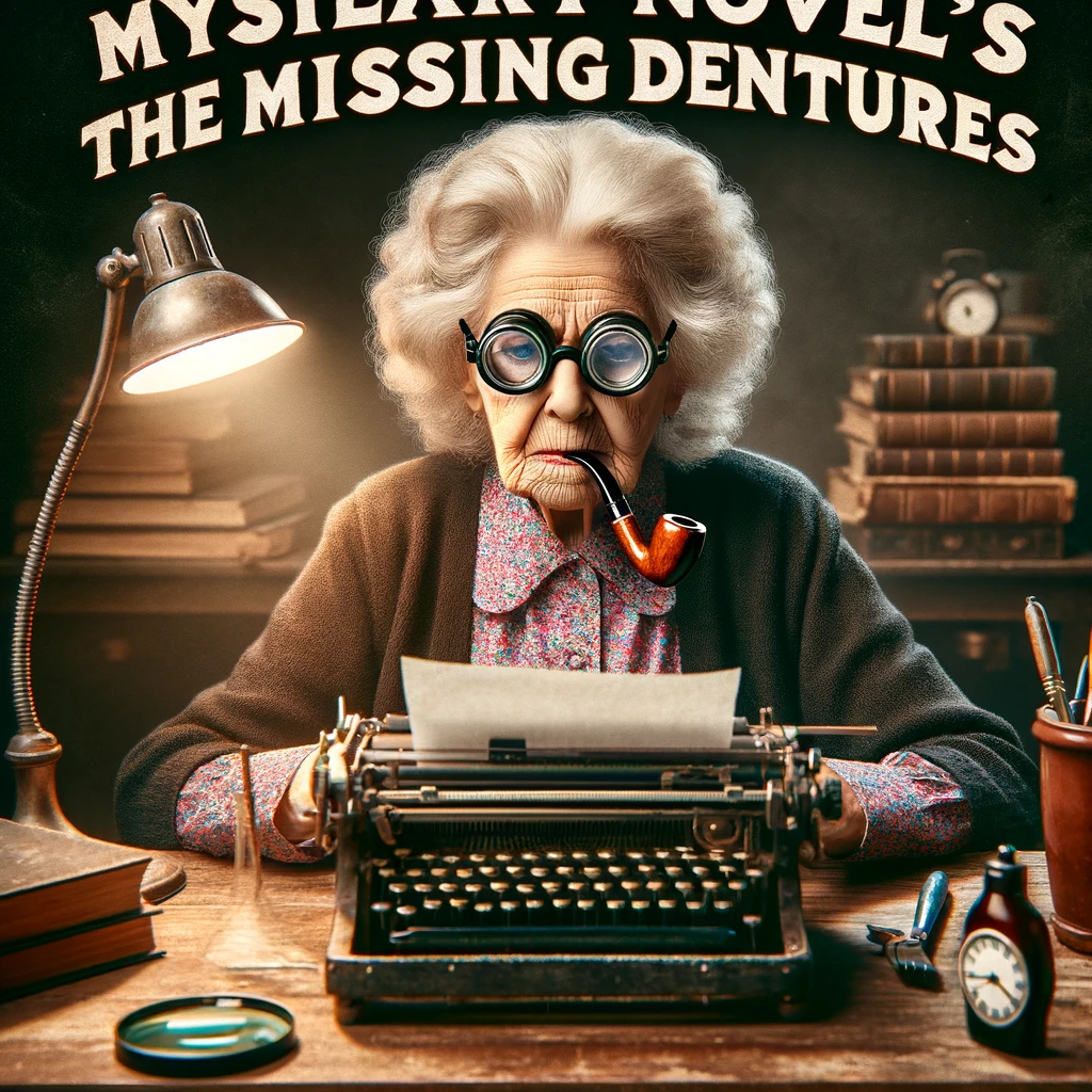 Mystery Novelist Grandma: An elderly woman at a typewriter, looking like a detective, with a pipe and magnifying glass on the desk. Text overlay: "Grandma's mystery novel: 'The Case of the Missing Dentures.'"