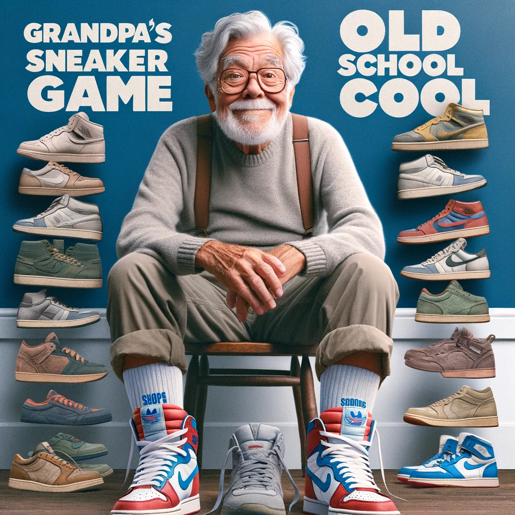 Sneakerhead Grandpa: An elderly man proudly showing off a collection of vintage sneakers, wearing an oversized pair. The text overlay humorously states, "Grandpa's sneaker game: Old school cool."