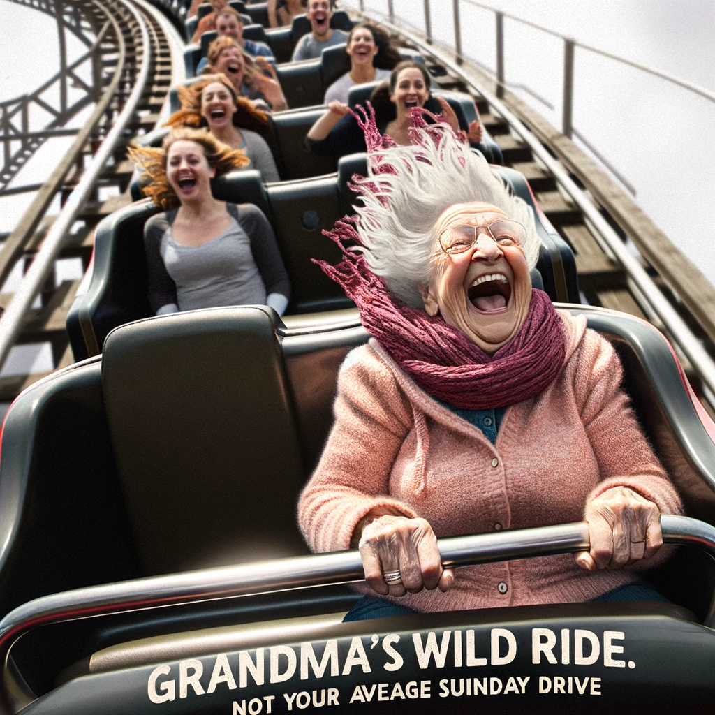 Thrill-Seeker Grandma: An excited elderly woman on a roller coaster, hair and scarf flying back. The text overlay humorously says, "Grandma's wild ride - not your average Sunday drive."
