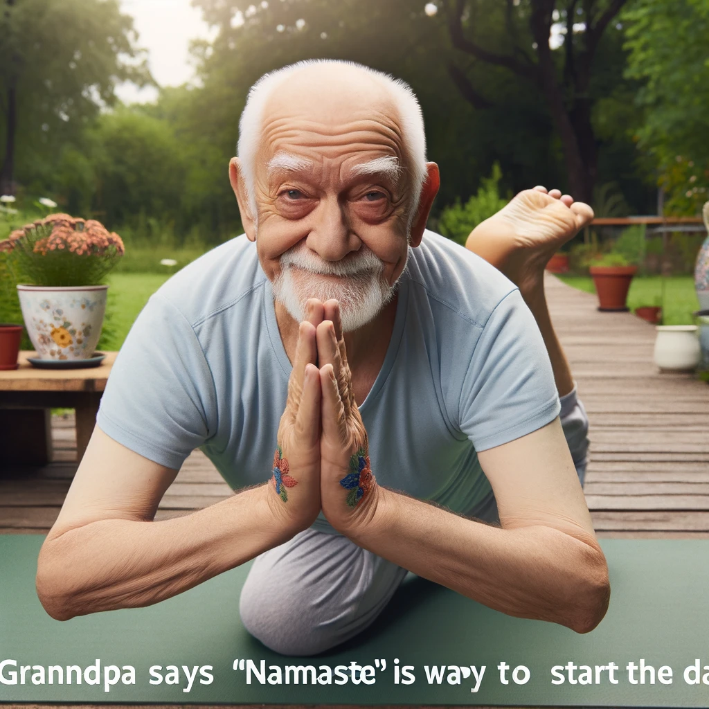 Yoga Master Grandpa: An elderly man in a yoga pose, looking surprisingly flexible in a peaceful garden setting. The text overlay says, "Grandpa says 'Namaste' is the way to start the day."