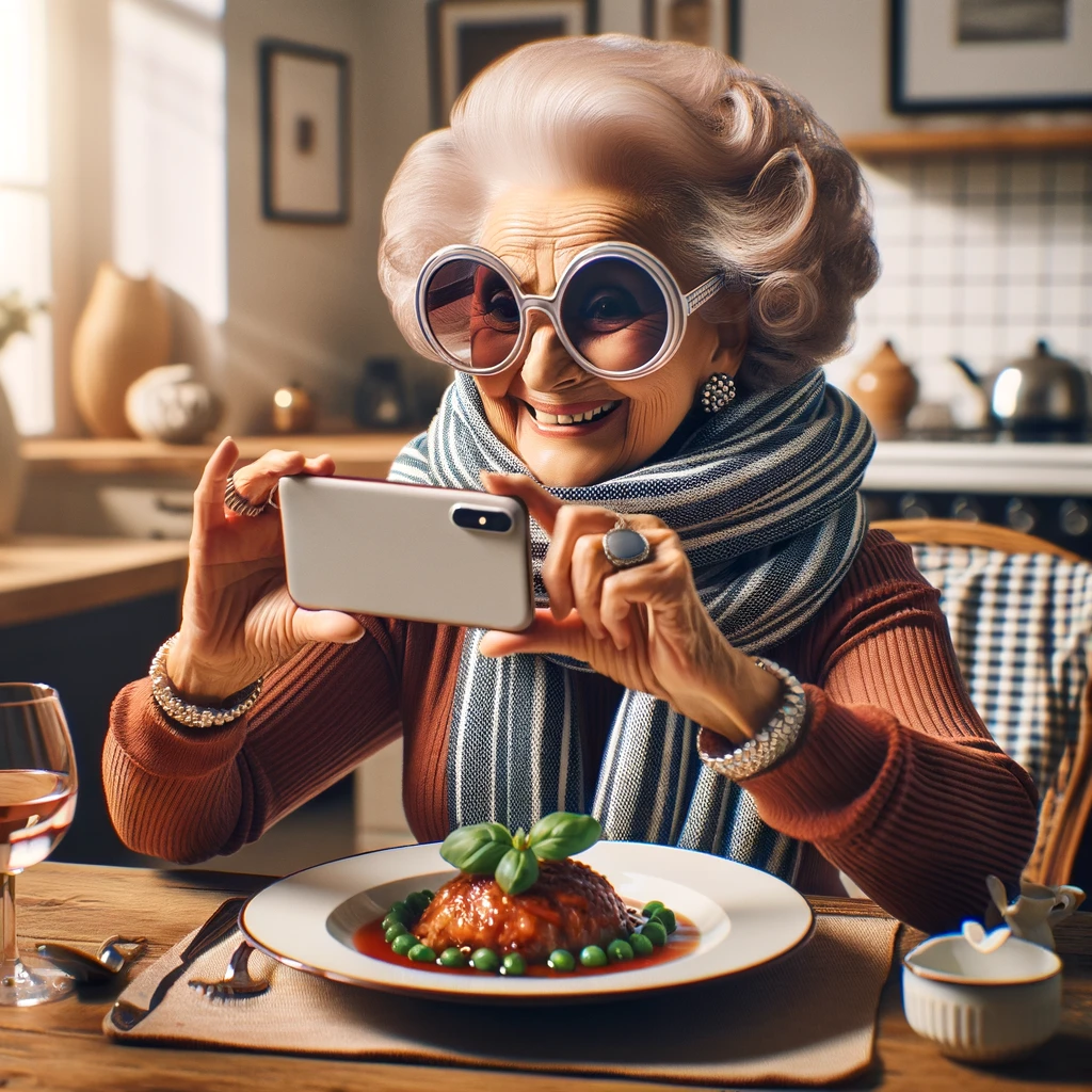 An image of a trendy grandma taking a picture of her food with a smartphone. She is wearing oversized sunglasses and a fashionable scarf, embodying a hip and modern style. The scene is set in a cozy dining room, and the grandma has a proud and excited expression. There is a well-presented dish on the table. A text overlay reads: "Grandma's first food blog post: 'Dinner at 4 PM'." The image should be humorous and charming, highlighting the idea of a grandmother embracing social media and food blogging.