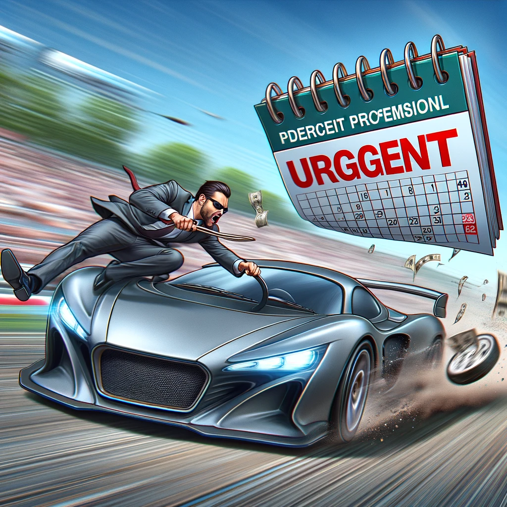 A dynamic meme illustrating a procurement professional in a race car, furiously chasing a calendar page labeled "Urgent Deadline" flying away with the wind. The scene is set on a race track, conveying a sense of high-speed urgency. The procurement professional is focused and determined, with hands on the wheel and eyes on the elusive deadline. The race car is sleek and fast-looking, and the background shows a blur of speed, emphasizing the concept of racing against time in procurement.