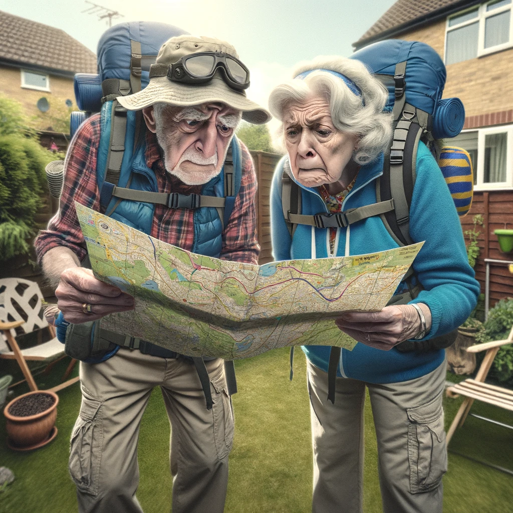 An image of adventure-seeking grandparents in hiking gear, looking at a map upside down. They are in a backyard that looks like a miniature wilderness. The grandparents have expressions of mild confusion and adventure. The grandpa is holding the map, while the grandma is pointing at it, both looking slightly lost. In the background, familiar backyard items like a garden chair or a bird feeder are visible, adding to the humor. A text overlay reads: "Grandparents' wild adventure: Lost in the backyard." The image should be light-hearted and amusing, showing the grandparents' adventurous spirit in a suburban setting.