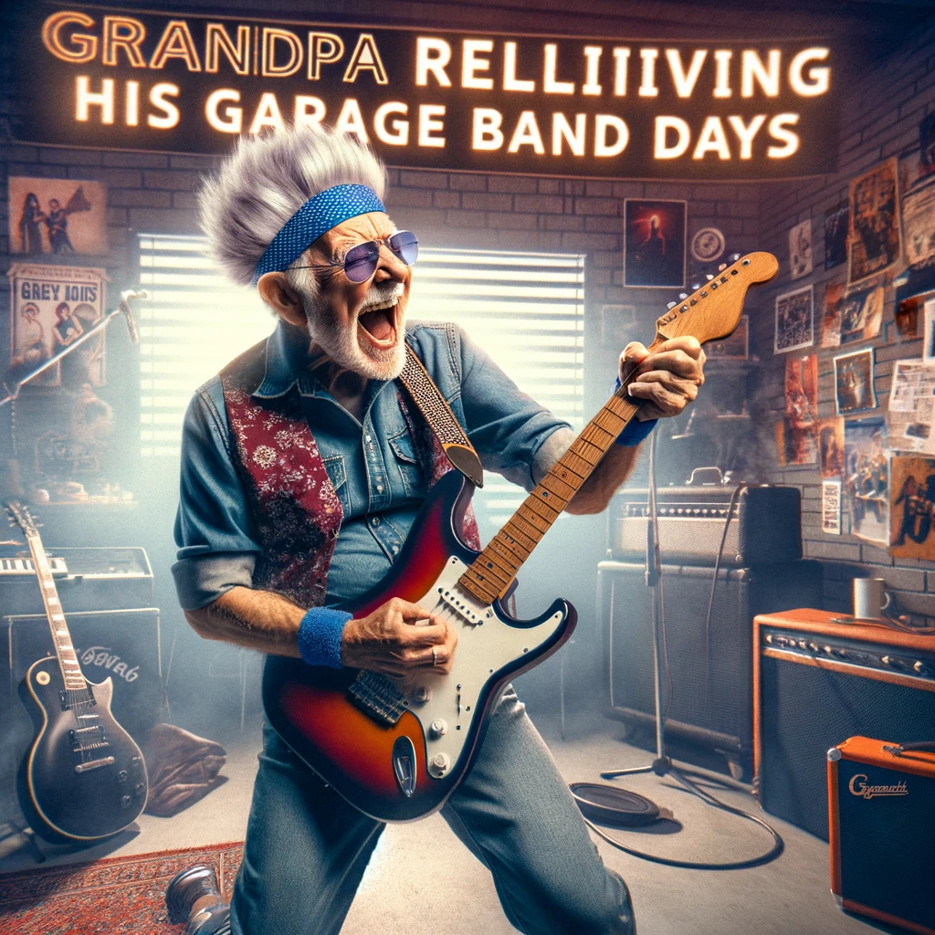 An image of a grandpa playing an electric guitar, styled like a rockstar with his hair in a rockstar fashion. He is in a dynamic, classic rock pose, expressing enthusiasm and nostalgia. The setting is reminiscent of a garage band scene with music equipment and posters in the background. A text overlay reads: "Grandpa reliving his garage band days." The image should have a fun and energetic atmosphere, capturing the spirit of a grandpa embracing his youthful rockstar dreams.