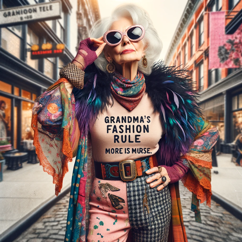 An image of a fashionable grandma striking a pose with an eccentric mix of vintage and modern clothing, including sunglasses and a feather boa. She displays a confident and stylish demeanor. The setting is a chic urban street or a fashionable boutique, enhancing the theme of fashion. A text overlay reads: "Grandma's fashion rule: More is more." The image should be colorful and lively, showcasing the grandma's unique and bold fashion sense, blending different eras and styles.