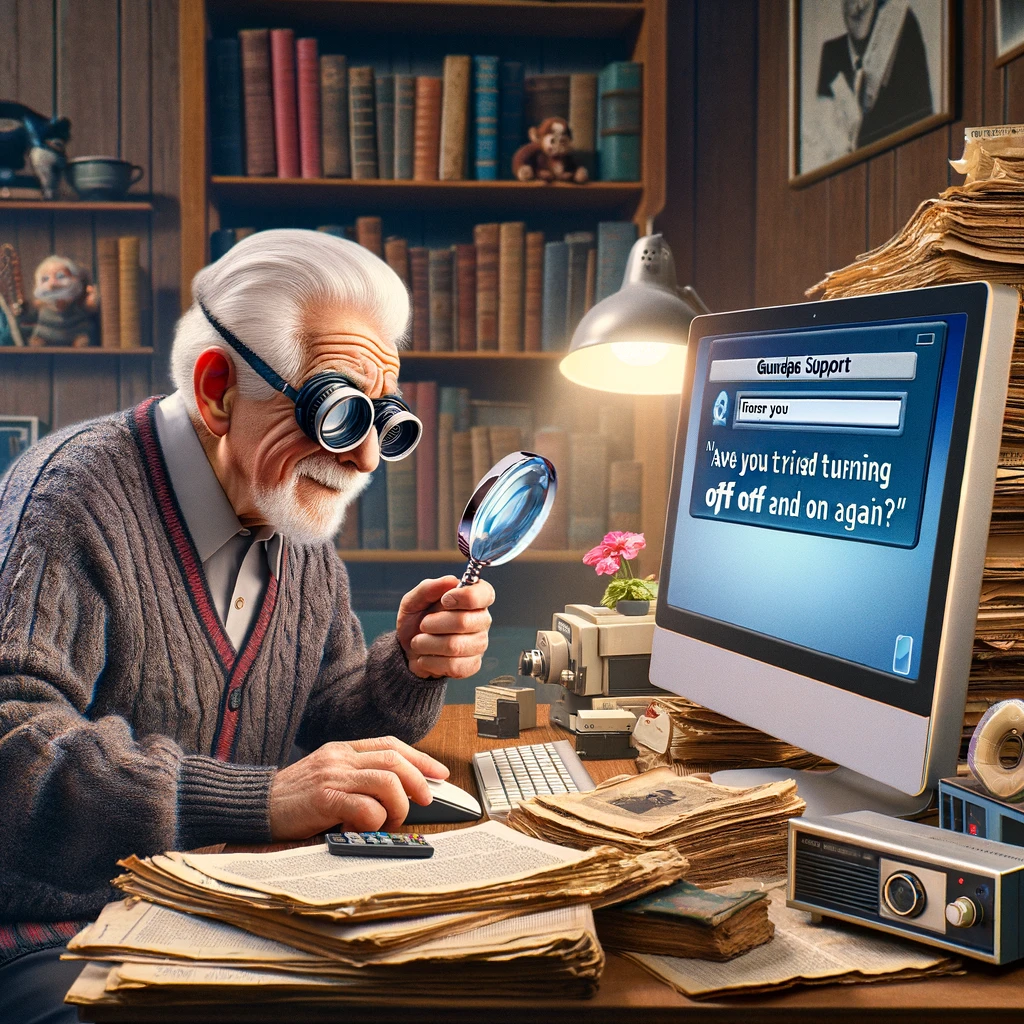 An image of a grandpa looking at a computer screen with a magnifying glass, surrounded by a pile of old tech manuals. The grandpa has an expression of concentration and curiosity. The setting is a home office with various outdated technology items scattered around. A text overlay reads: "Grandpa's tech support: 'Have you tried turning it off and on again?'" The image should be humorous and relatable, depicting the common scenario of an older person trying to navigate modern technology, with a touch of nostalgia.