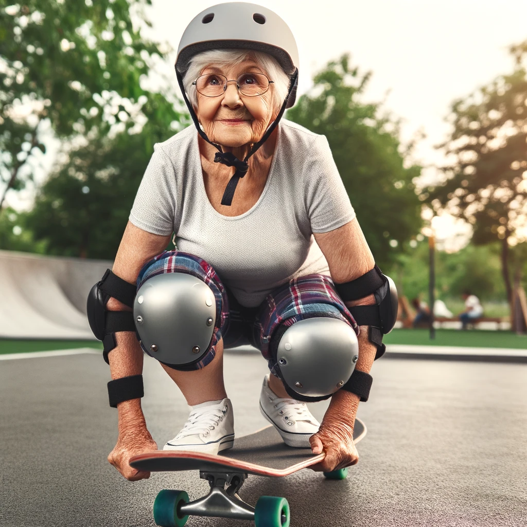 An image of a grandma on a skateboard, wearing knee pads and a helmet, with a slightly apprehensive expression. She is in a park or a skateboarding area, portraying a sense of adventure and youthfulness. The grandma is in motion on the skateboard, adding a dynamic feel to the image. A text overlay reads: "Grandma's new hobby: 'Skateboarding isn't just for kids.'" The image should be fun and inspiring, showing the grandma embracing a youthful, adventurous activity, breaking stereotypes.