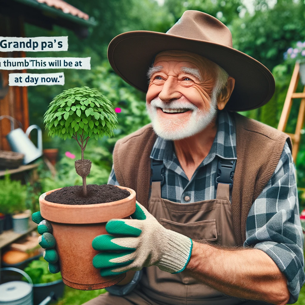 An image of a grandpa proudly showing off a tiny plant in a huge pot, wearing a wide-brimmed hat and gardening gloves. He has a look of pride and joy on his face. The setting is a lush garden with various plants and gardening tools. A text overlay reads: "Grandpa's green thumb: 'This will be a tree any day now.'" The image should be heartwarming and amusing, capturing the grandpa's enthusiasm for gardening, with a humorous touch given by the tiny plant in the oversized pot.