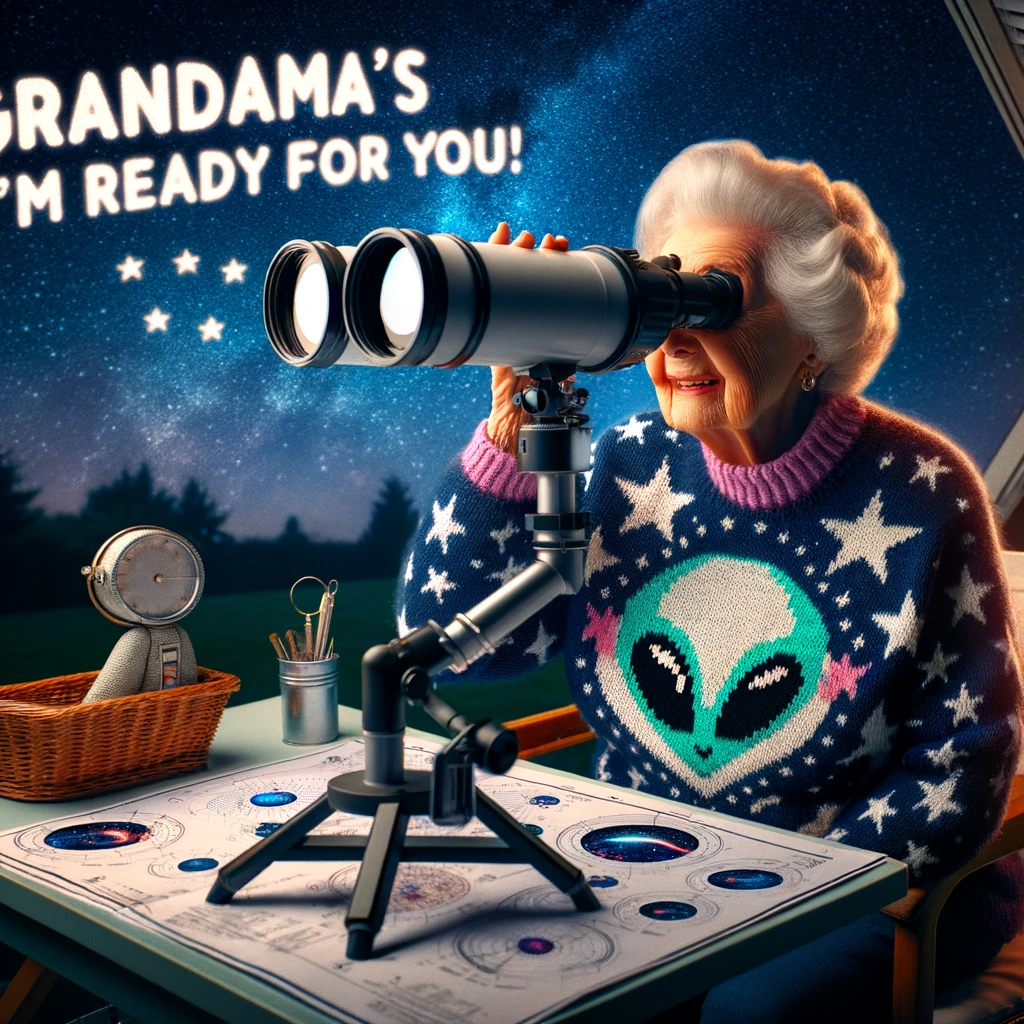An image of a grandma peering through a telescope, wearing a space-themed sweater, with star charts scattered around her. She has an expression of wonder and curiosity. The setting is a home observatory or a backyard at night, with a clear view of the stars. A text overlay reads: "Grandma's stargazing: 'Aliens, I'm ready for you!'" The image should be whimsical and imaginative, depicting the grandma's interest in astronomy and the cosmos, with a humorous twist on her readiness for extraterrestrial encounters.